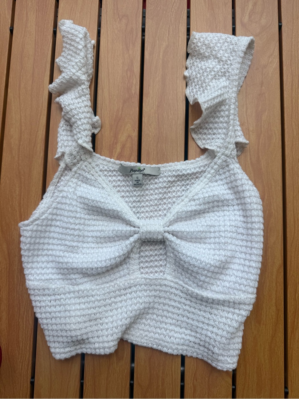 Papaya White Waffle-Knit Ruffle-Strap Crop Top